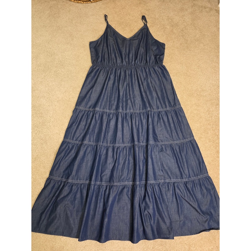 Maggy London Women XL Blue Denim Look Tiered Maxi Dress Adjustable Straps NWT